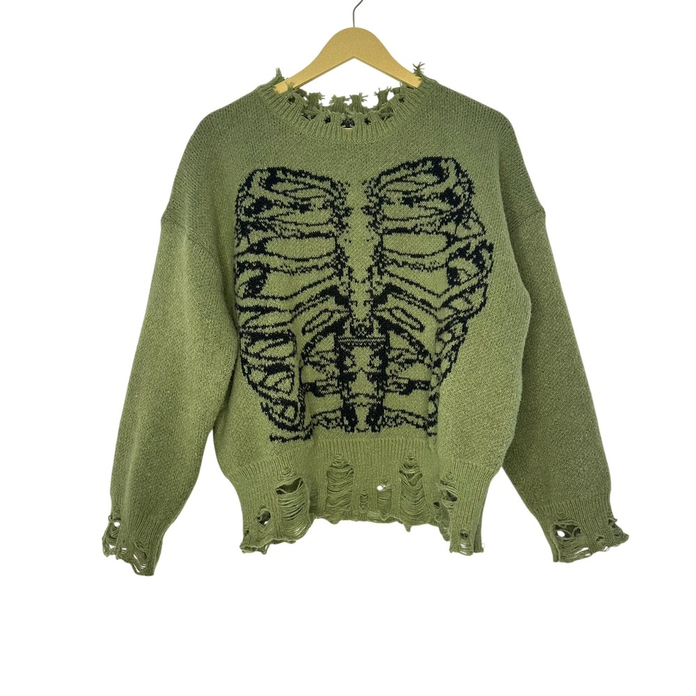 Skeleton Graphic Distressed Knit Sweater Medium Green Goth Grunge